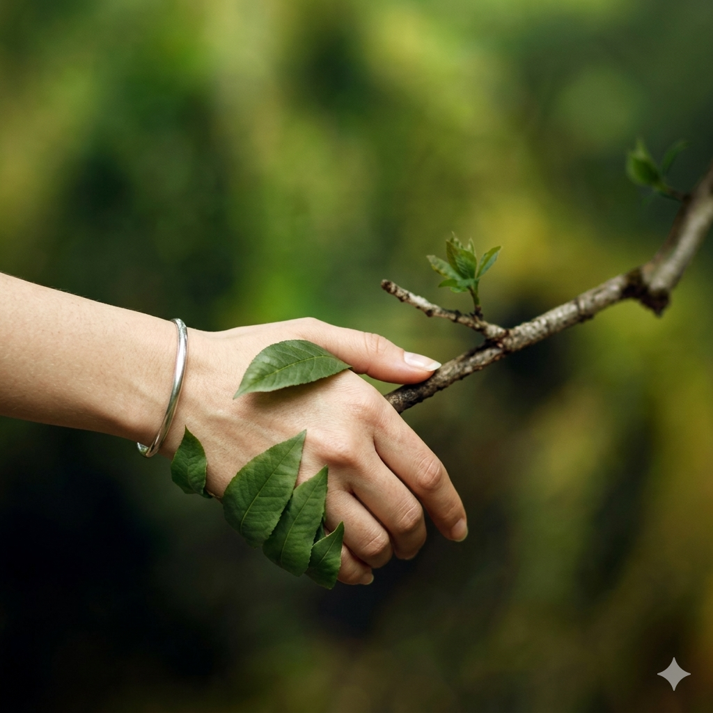 Eine menschliche Hand schüttelt einen Ast mit frischen Blättern – Symbol für die Verbindung zwischen Mensch und Natur